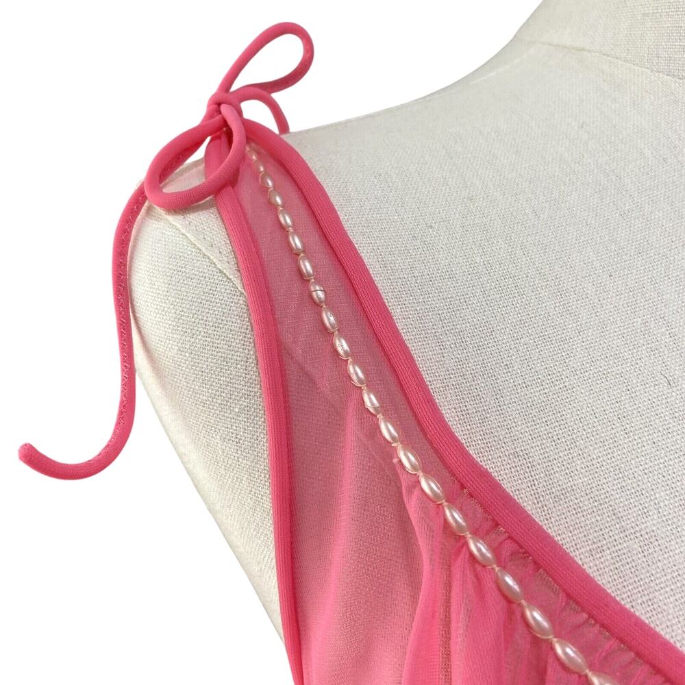 Vintage 50s Bubblegum Pink Nylon Chiffon Pearl Trim Babydoll Nightie Set Size M - Picture 6 of 16